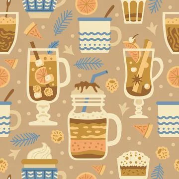 Christmas sweets pattern with winter hot drinks Stock Illustration