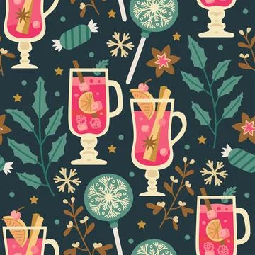 Christmas sweets pattern with winter hot drinks Stock Illustration