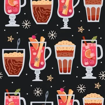 Christmas sweets seamless pattern with winter hot drinks Stock Illustration