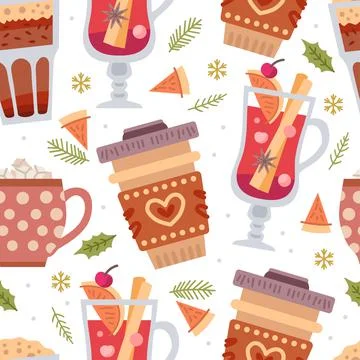 Christmas sweets seamless pattern with winter hot drinks Stock Illustration