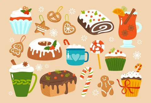 Christmas sweets treat cartoon set New year gingerbread muffin lollipop holiday Stock Illustration