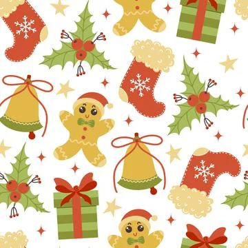 Christmas symbols seamless vector pattern. Hand-drawn illustrations Stock Illustration