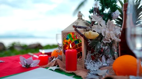 Christmas table on the beach. Stock Footage 119590821