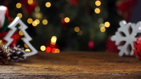 Christmas Table Blurred Lights Background, Wood Desk in Focus, Xmas Wooden Pl Stock Footage 83552078