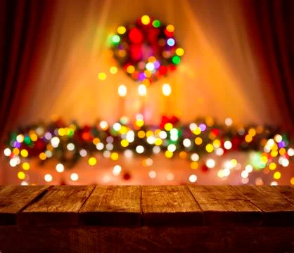 Christmas Table Blurred Lights Background, Wood Desk in Focus, Wooden Plank Stock Photos