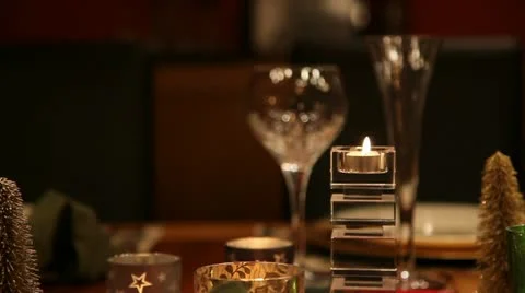 Christmas table CU RL pan candle and glasses RT v1 스톡 동영상 18138981