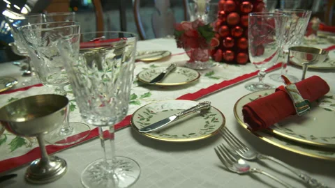 A christmas table decorated for dinner Stock Footage 149026259