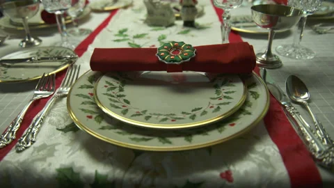 A christmas table decorated for dinner Stock Footage 149029354