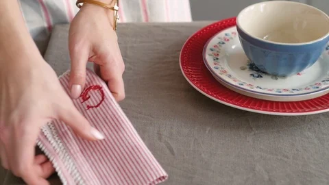Christmas table decoration. festive table setting. Female hands decorate the Stock Footage 122992673