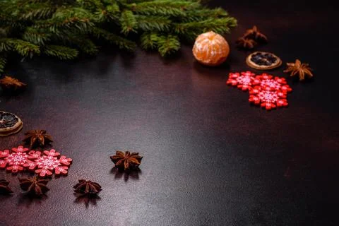Christmas table with empty plate and surface with New Year's decorations Stock Photos