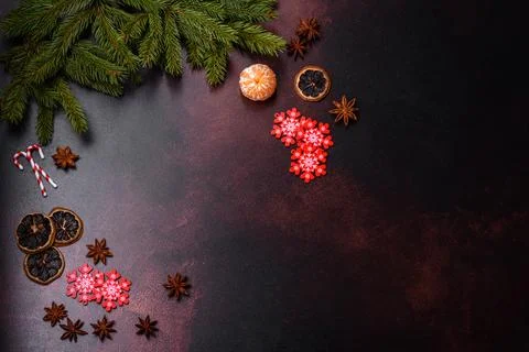 Christmas table with empty plate and surface with New Year's decorations Stock Photos