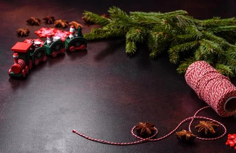 Christmas table with empty plate and surface with New Year's decorations Stock Photos
