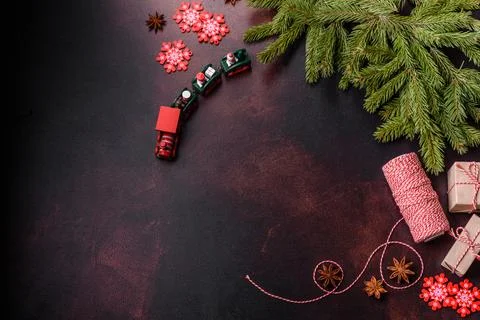 Christmas table with empty plate and surface with New Year's decorations Stock Photos