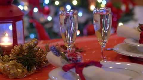 A christmas table with glass of white wine Stock Footage 144119087
