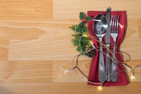 Christmas table place setting. Holidays background Stock Photos