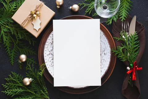Christmas table setting. Background for writing Christmas or New Year Menu. Stock-Fotos