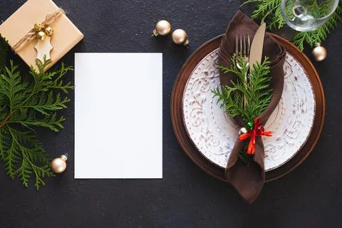 Christmas table setting. Background for writing Christmas or New Year Menu. Stock Photos