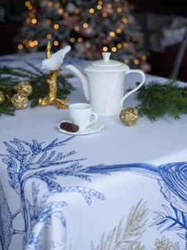 Christmas table setting with blue tablecloth Stock Photos