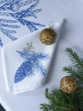 Christmas table setting with blue tablecloth Stock Photos