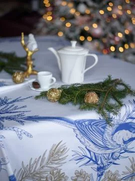 Christmas table setting with blue tablecloth Stock Photos