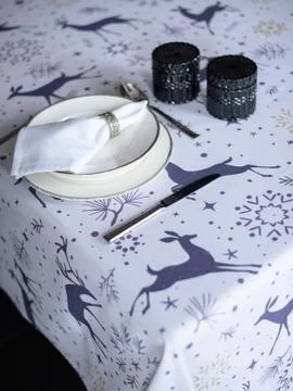 Christmas table setting with candles and decorations Stock Photos