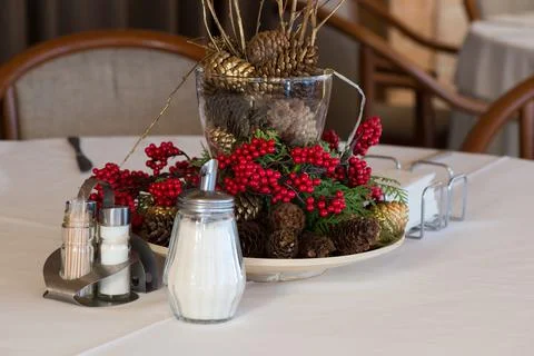 Christmas table setting with cones Stock Photos
