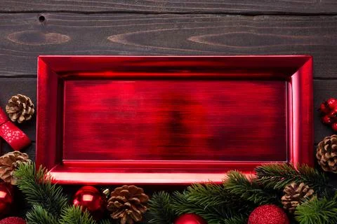 Christmas table setting consisting of a red white plate. Top view with copy.. Stock Photos