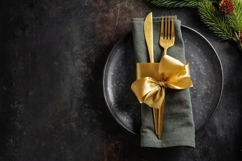 Christmas table setting in dark Stock Photos