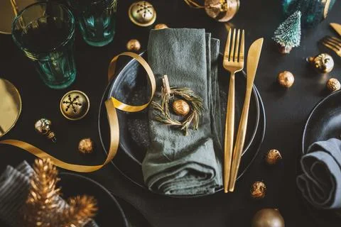 Christmas table setting in dark Stock Photos