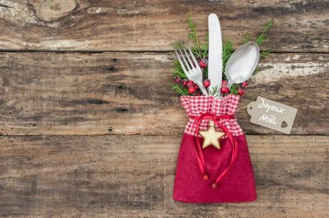 Christmas table setting with decoration on wood background Stock Photos