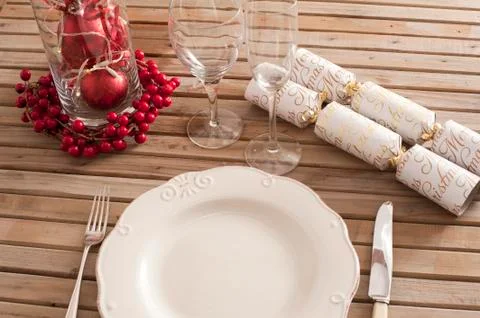 Christmas Table setting with decorations Stock Photos