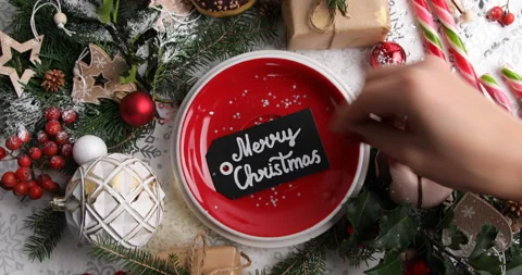 Christmas table setting. Holiday concept, rotate, top view Stock Footage 221916964