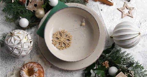 Christmas table setting. Holiday concept, rotate, top view Stock Footage 221917194