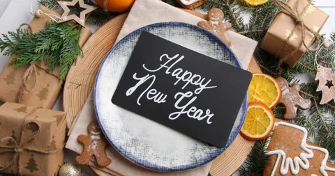 Christmas table setting. Holiday concept, rotate, top view Stock Footage 221917244