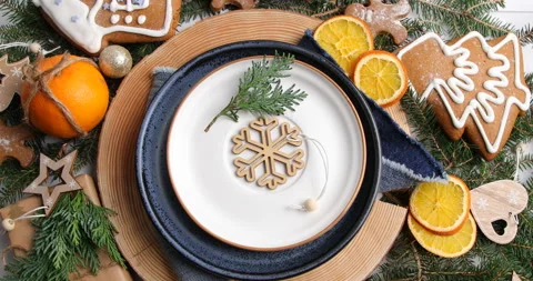 Christmas table setting. Holiday concept, rotate, top view Stock Footage 221917256