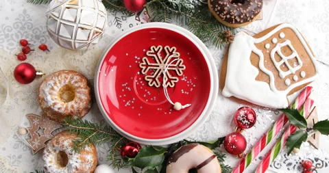 Christmas table setting. Holiday concept, rotate, top view.  Stock Footage 223084191