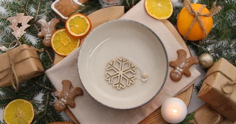 Christmas table setting. Holiday concept, rotate, top view.  Stock Footage 223084360