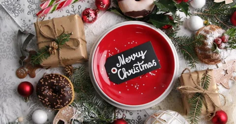 Christmas   table setting. Holiday concept, rotate, top view.  Stock Footage 223643632