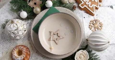 Christmas   table setting. Holiday concept, rotate, top view.  Stock Footage 223644132