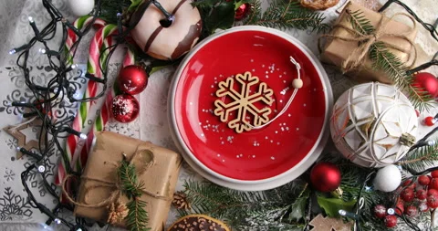 Christmas   table setting. Holiday concept, rotate, top view.  Stock Footage 223644162