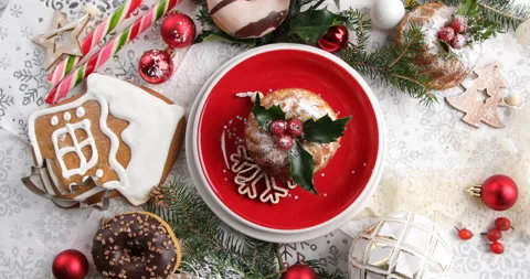 Christmas   table setting. Holiday concept, rotate, top view.  Stock Footage 225407062