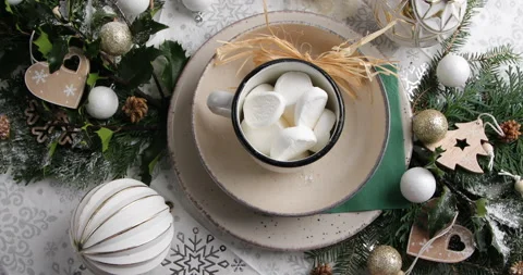 Christmas   table setting. Holiday concept, rotate, top view.  Stock Footage 225407096