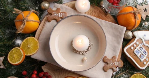 Christmas   table setting. Holiday concept, rotation, top view.  Stock Footage 226902919