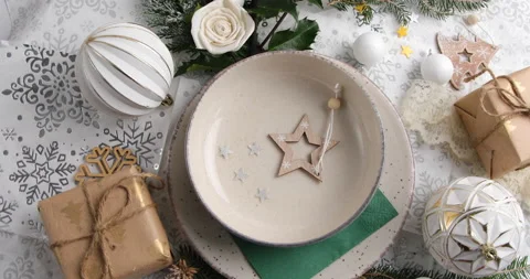 Christmas   table setting. Holiday concept, rotation, top view.  Stock Footage 226902961