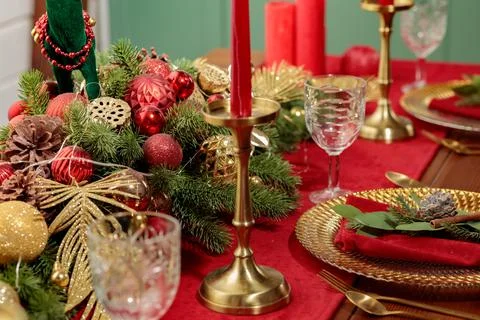 Christmas Table Setting. Holiday Decorations. Decor. New Year Celebration Stock Photos