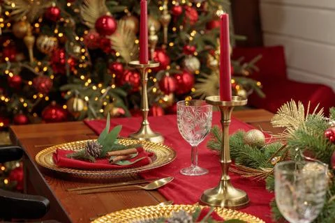 Christmas Table Setting. Holiday Decorations. Decor. New Year Celebration Stock Photos