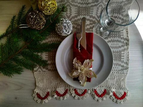 Christmas table setting on a linen tablecloth. Stock Photos