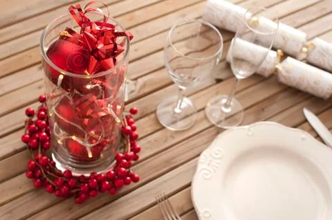 Christmas table setting with red decorations Stock Photos