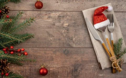 Christmas Table Setting. Silverware, Fir tree, Top view with copy space for t Stock Photos