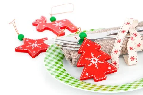 Christmas table setting with space for text, isolated on white background Stock Photos